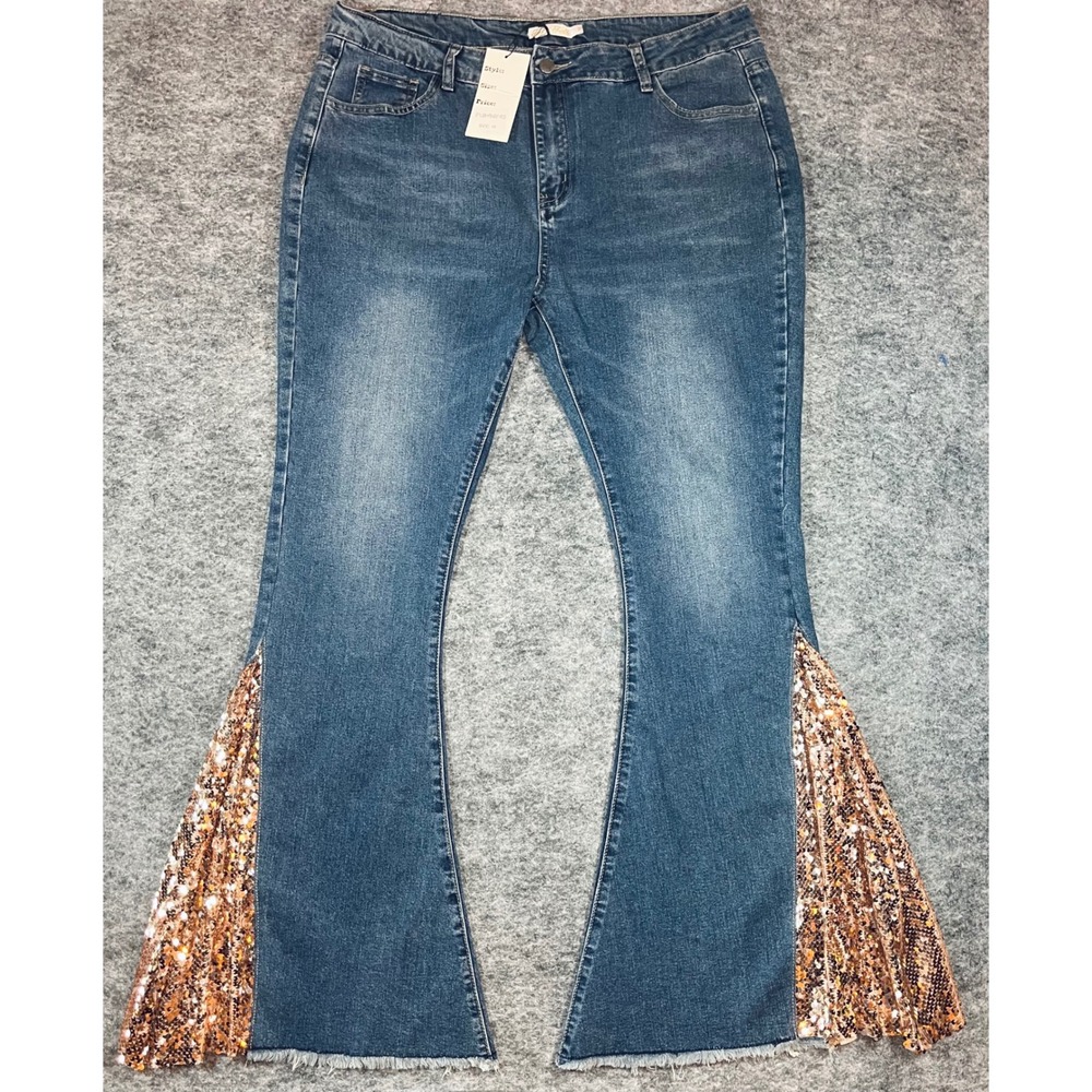 Home Folk Sequin Flare Bell Bottom Jeans Womens 16 Blue Rose Gold Glam Boho Chic